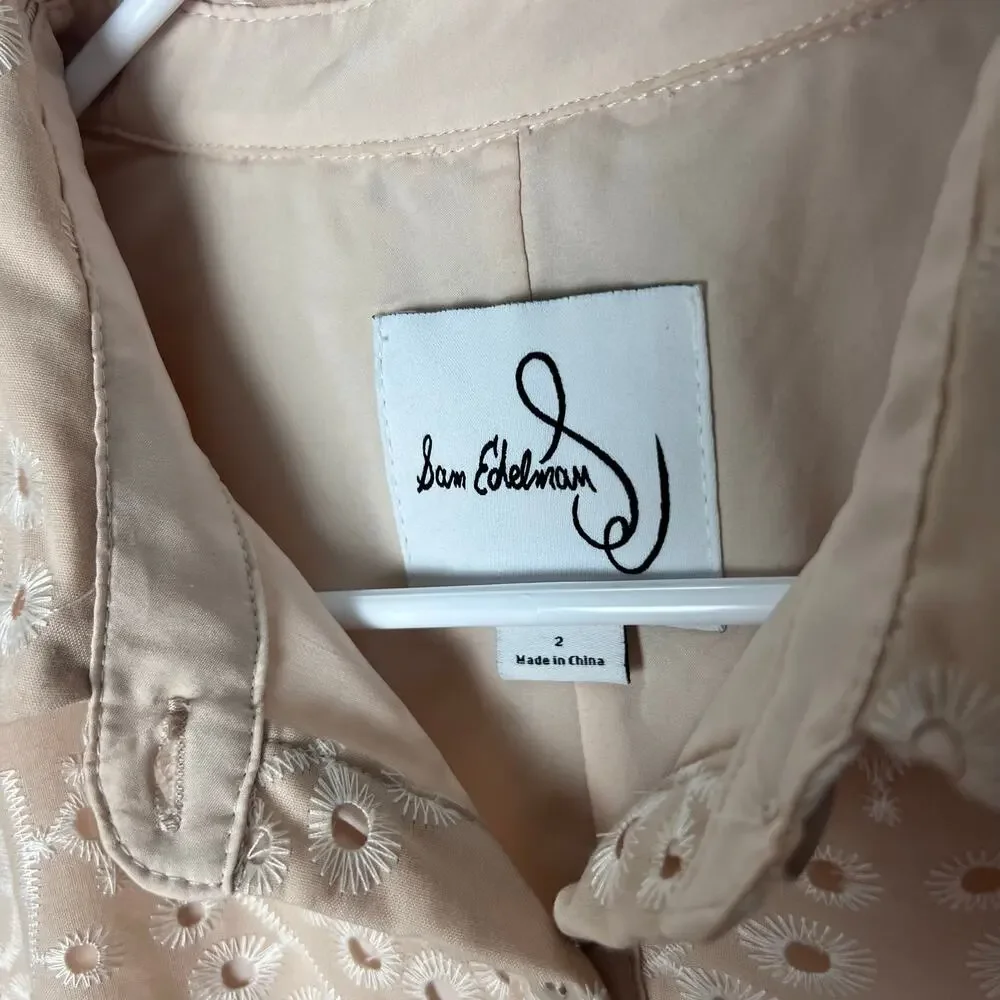 Sam Edelman Eyelet Shirt Dress Beige Puff Sleeve Belted Mini Dress Size 2 - Picture 7 of 10